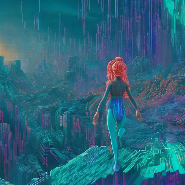 an orange holographic character in the bottom left of the image standing on a cliff that spans to th