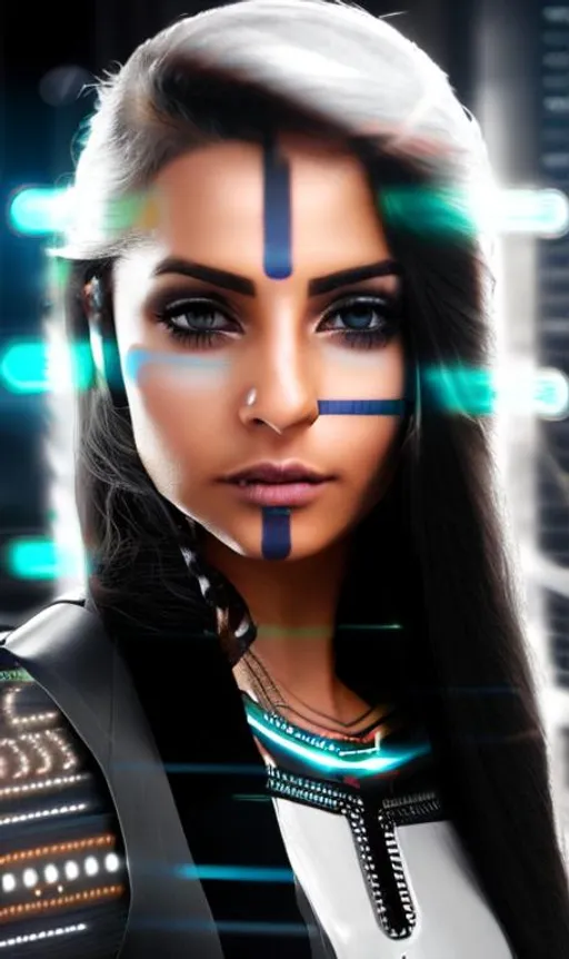 Prompt: female cyborg ((beautiful face)), ((circuits, facial tattoos)), ((facial tattoos)), (((tanned face))), long wavy black hair, mottled white locks, ((few white locks)), ((hair with chrome circuit elements)), cyberpunk, futuristic metal, chrome bronze and chrome, thin lines, cyberpunk translucent suit, ((detailed suit)), tall, ((slim build)), ((full figure)) prosthetic arms, robot actuator, photorealistic 3D model, detailed.
