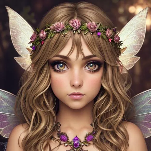 Prompt:  fairy goddess , beautiful skin ,large 
 brown eyes, dark blonde hair, facial closeup
