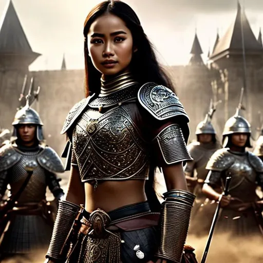 Prompt: full body, pretty young Indonesian woman, 25 year old, (round face, high cheekbones, almond-shaped brown eyes, small delicate nose), intricate medieval armor, standing in front of group of medieval soldiers, concept art by Basuki Abdullah, cgsociety, sumatraism, movie still, reimagined by industrial light and magic, movie poster, masterpiece, intricate detail