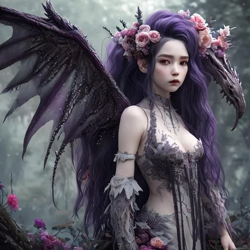 Prompt: realistic portrait of a pretty dragon doll, wings, purple white hair, long hair, black hairclip, red dress with lace, heavy fog, overgrown forest, nighttime, light blush, black flowers, Autumn leaves, smile, 8k, high quality, trending art, trending on artstation, sharp focus, studio photo, intricate details, highly detailed, by greg rutkowski