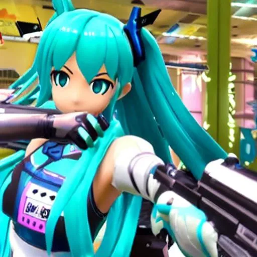 Prompt: hatsune miku, fortnite style, realistic, holding a machine gun, futuristic background