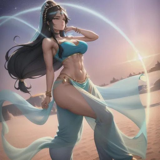 Prompt: A digital artwork, Princess Jasmine, feminine physique, attractive features, desert, thick black hair, sky blue bedlah top with sky blue oversized salwar pants, playing with sand, Very Modest
, Fragonard, highly-detailed, cinematic, washed out palette,soft pastel color palette, light trails, sunny day, High contrast, translucent, iridescent, long hair, arms visible, filmic, perfect composition, colorfull, Extra Saturation, hyperrealistic, super detailed, 8k, high quality, sharp focus, intricate details, highly detailed, dynamic lighting, detailed and intricate environment, highest quality