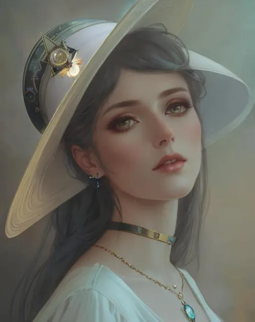 Prompt: Portrait of a beautiful woman using a hat made of Saturn and it rings, a space rocket as a brooch and hair made of ethereal clouds Art by  tom bagshaw, huang guangjian, marianne plumridge, gil elvgren, Yossi kotler,  marta dahlig, Anna Dittman, Greg Rutkowski, Viktoria Gavrilenko, highly detailed, sharp focus, ethereal, fantastic view, dreamy, Epic, celestial, sparkling, glossy, light emitting,  inner light.