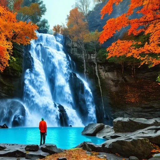 Prompt: Generate waterfalls, with a large pool of aqua-colored water.  A man is standing facing the waterfalls from the left side facing the falls.  It is fall and the leaves are at peak color