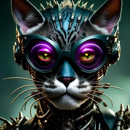 Prompt: portrait of a anthro "Punk Cat" with big Funky Eyewear, intricate, elegant, hyperdetailed, cybernetic, digital painting, artstation, concept art, biomechanical, sharp focus, illustration, greg rutkowski, anthropomorphic, fractal details in big green cat eyes, very striking, WLOP, Artgerm, ray tracing , DSLR, HDR