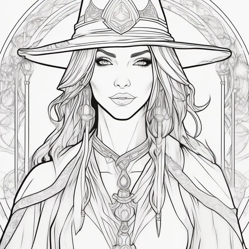 Prompt: Female mage , in the style of a coloring page, clean line art, clear line art, clear details, beautiful face, fantasy