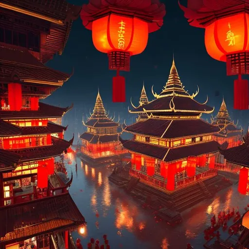 Prompt: A traditional Cambodian pagoda with red lanterns floating high up in the middle of cyberpunk city cyberpunk style realistic 10000k high quality beautiful 