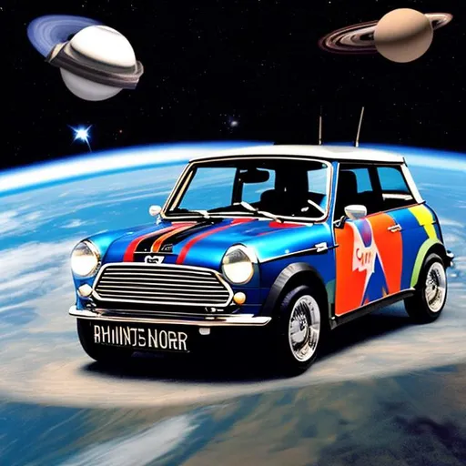 Prompt: David Bowie 
Mini Cooper in space
