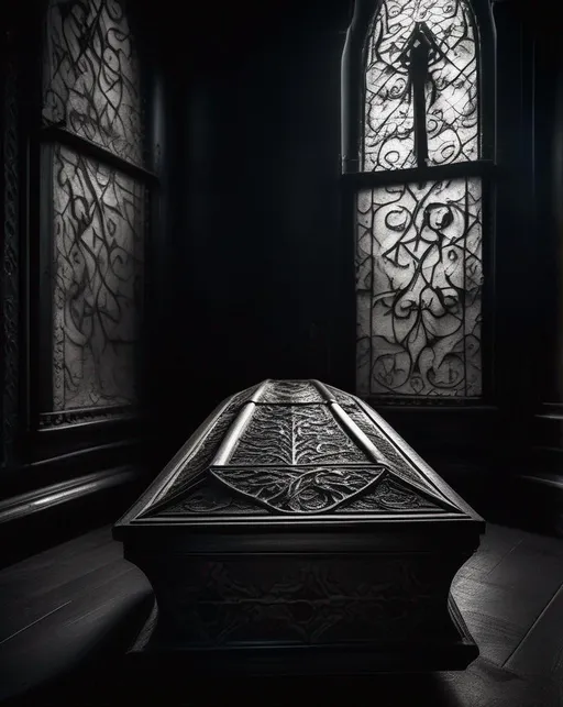Prompt: An ornate vintage coffin with intricate carvings along the sides sits open in an empty room lit by flickering candlelight. Dark shadows dance along the walls. Shot with a Nikon Z7 using a 85mm lens for a narrowed dramatic perspective. The lighting amplifies the shapes and textures of the carved details. The mood is creepy yet elegant, evoking brooding Victorian gothic horror. In the style of Tim Burton.