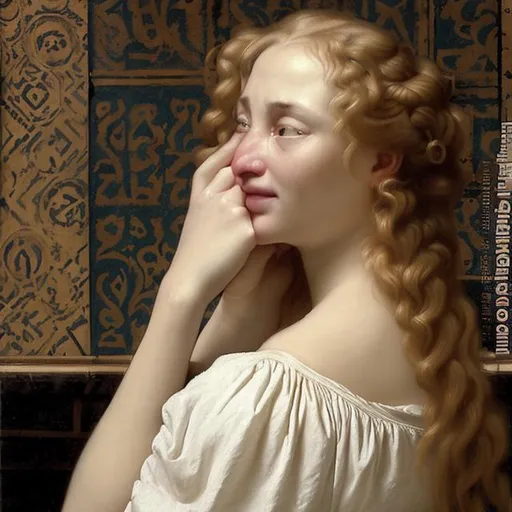 Prompt: a portrait of a woman crying with long curly blonde hair in an old english style bathroom by Jean-Auguste-Dominique Ingres