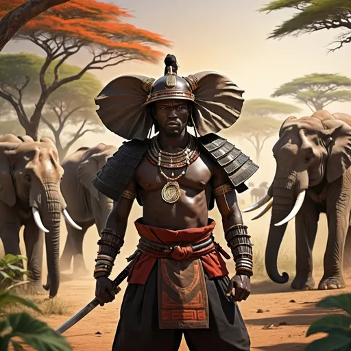 Prompt: Black African Samurai in his own land Africa.  With his own African culture. And his Army on powerful Elephants
