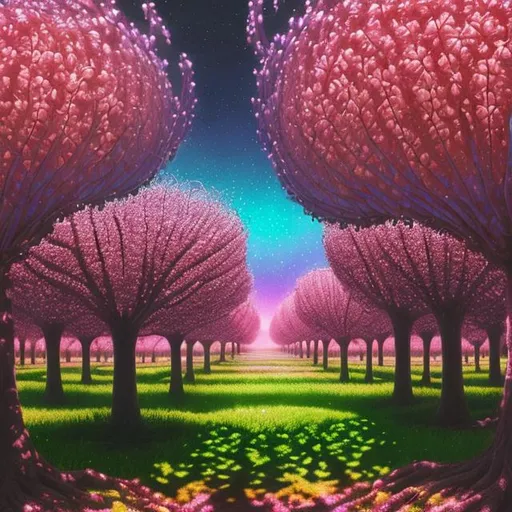 Prompt: Psychedelic vision of a photorealistic orchard
