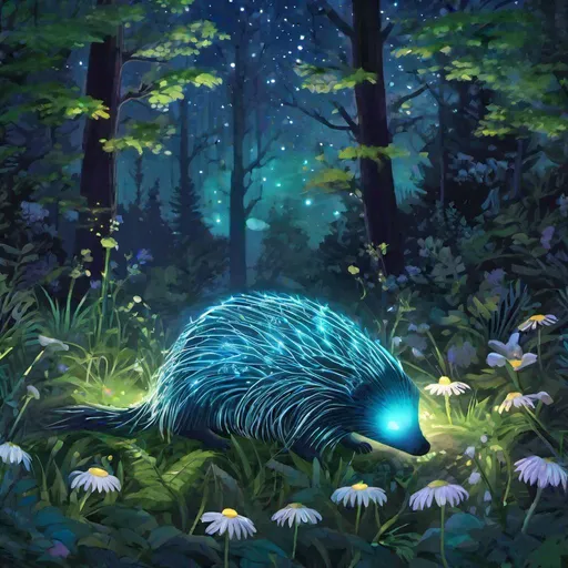 Prompt: A mythical translucent echidna that is glowing, in a forest clearing surrounded by daisies and ferns, beneath the stars, bioluminescent, highres, best quality, concept art