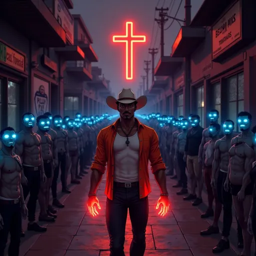 Prompt: Wide shot of a dark neon alley. Blue pill zombies slump against walls, eyes glowing faint blue. @TRzJfEbYXKjmZAhFV8fB  stands at the center, red energy pulsing from his hands and glowing red cross. A shockwave of red light spreads outward, snapping the men out of their trance.