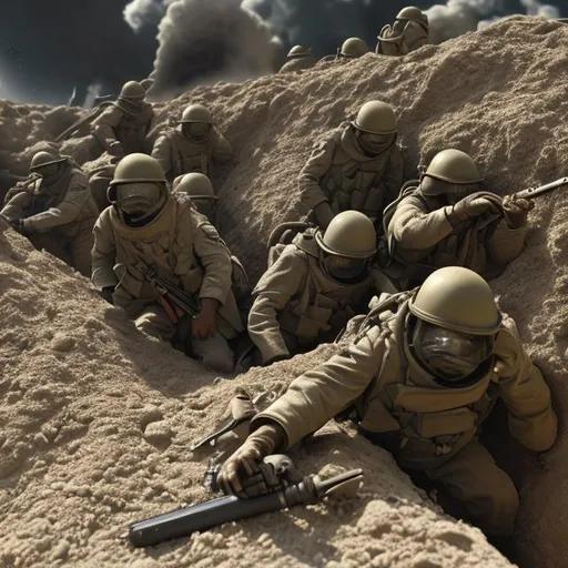 Prompt: trench warfare, scifi, realistic, army, soldiers, gas attack, trench, desert, mountain trench