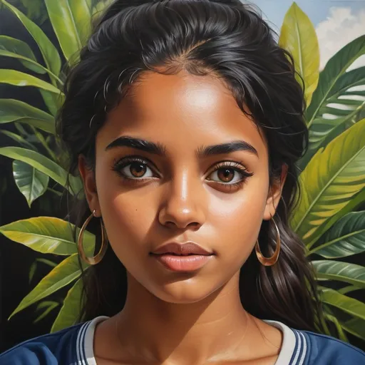 Prompt: Young Brazilian women, oil painting, hyper realistic, high details, symmetric, perfect eyes, perfect hair, beautiful, dark brown eyes, black hair, dark skin, everyday clothes,