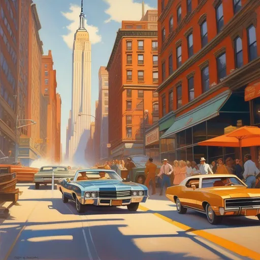 Prompt: 1970s, New York City, car chase, sunny weather, warm atmosphere, cartoony style, extremely detailed painting by Greg Rutkowski and by Henry Justice Ford and by Steve Henderson