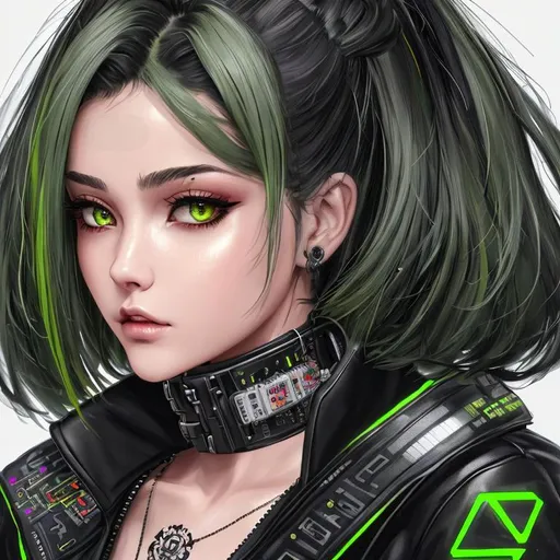 Prompt: portrait, 1girl, close ups, 21 years old, short grey with dark green highlight, menpō, black cyberpunk jacket with stand-up collar, circuits tattoos, raining, Cyberpunk Edgerunners style, highly detailed, detailed and high quality background, oil painting, digital painting, Trending on artstation , UHD, 128K,  quality, Big Eyes, artgerm, highest quality stylized character concept masterpiece, award winning digital 3d, hyper-realistic, intricate, 128K, UHD, HDR, image of a gorgeous, beautiful, dirty, highly detailed face, hyper-realistic facial features, cinematic 3D volumetric, illustration by Marc Simonetti, Carne Griffiths, Conrad Roset, 3D anime girl, Full HD render + immense detail + dramatic lighting + well lit + fine | ultra - detailed realism, full body art, lighting, high - quality, engraved | highly detailed |digital painting, artstation, concept art, smooth, sharp focus, Nostalgic, concept art,