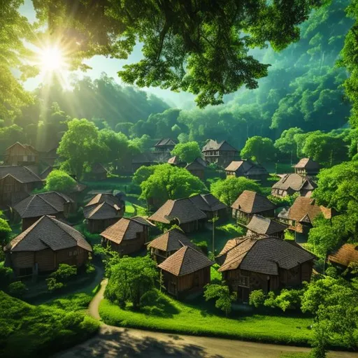 Prompt: dark wood village in  a lush green forest with beautiful trees, nice daylight, nice weather light blue sky waves high resolution 4k