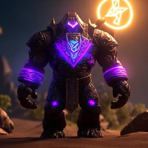 Prompt: Give this golem glowing purple eyes and runes