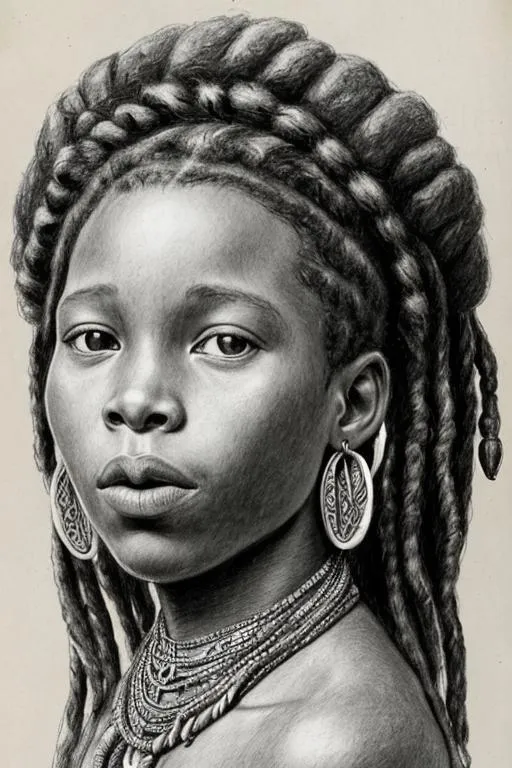 Prompt: Please draw a portrait of a beautiful black rasta girl, majestic, african features, wearing african jewels,  looks like Astrid Berges Frisbee with her mouth slightly open and a surprised look on her face Sketch, Drawing, Pencil Art, Adolph Friedrich Erdmann von Menzel 