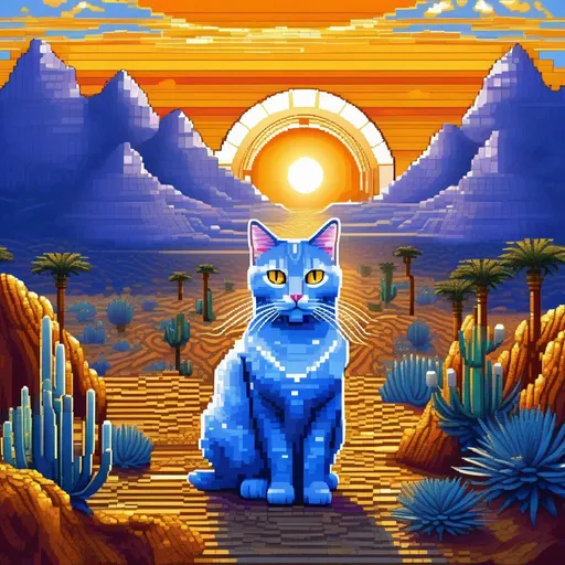 Prompt: (pixel art), 16-bit, beautiful {blue cat}, with {silver eyes}, white chest, presenting magical jewel, looking at viewer, glaring through fourth wall, layers of golden mountain silhouettes, enchanted desert sunset, fantasy, retro, twilight, highly detailed, golden jewel on forehead, beautifully detailed shading, scenic, complementary colors, golden ratio, character concept, artstation, perfect composition, beautiful proportions