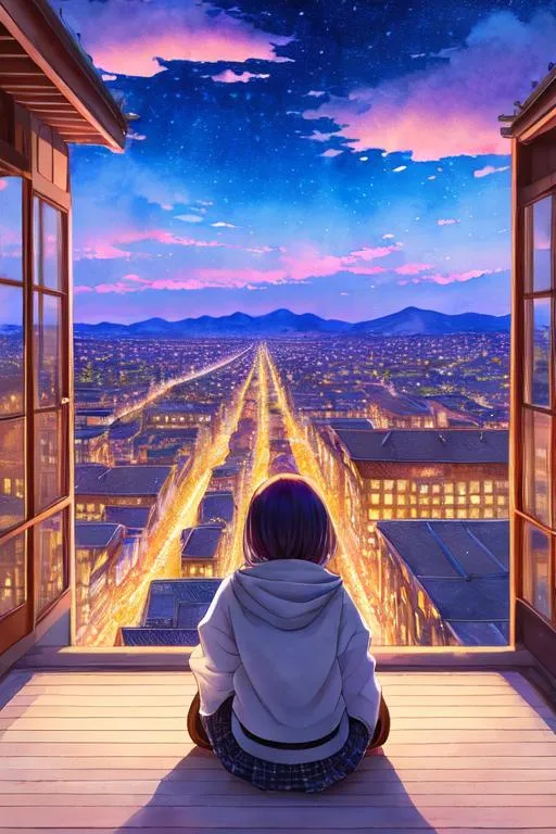 Prompt: vast scenic view,

looking from behind and below, low angle wide view, symmetrical colorful twilight starry night, cloudy,

masterpiece best quality hyperdetailed intricate watercolor sketch pastel mix 1 2D girl anime sitting on rooftop, hyperdetailed cotton clothes, detailed short hair,

masterpiece best quality hyperdetailed intricate megastructure landscape,

precise brush strokes, precise brush outlines,

digital contrast symmetrical watercolor painting, digital ink painting, impressionist painting,

colorful, atmospheric lighting, depth of field, bokeh, science fiction, resolution high res intricately detailed complex, hyperdetailed cloud shading,

album cover art, wallpaper art, anime art, clean art, digital art, 128K resolution, illustration, vintage show promotional poster,