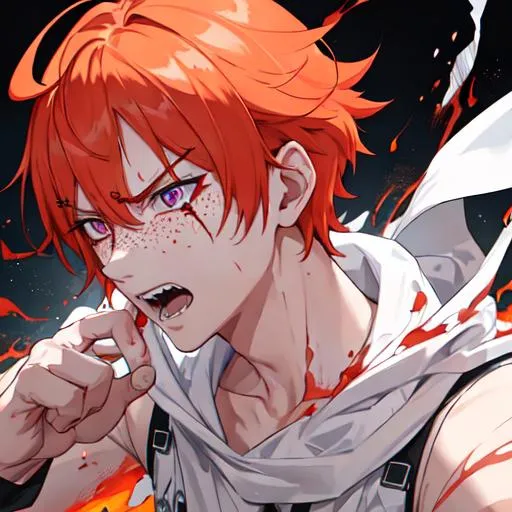 Prompt: Erikku male adult (short ginger hair, freckles, right eye blue left eye purple) UHD, 8K, Highly detailed, insane detail, best quality, high quality, covered in blood, covering his face with his hand, wide eyes, insane, fear, threatening, laughing, angry, fighting, psychopathic, anime style