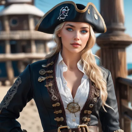 Prompt: full body, Young female pirate captain, stunning, pretty, beautiful face, blond, light blue eyes, perfect composition, photo-realistic, super detailed, high quality, sharp focus, studio photo, intricate details, highly detailed by greg rutkowski, very detailed eyes, UHD, 64K