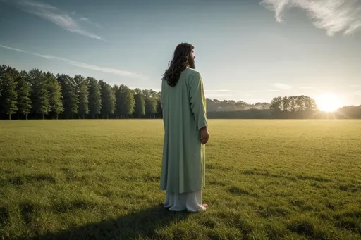 Prompt: Jesus standing up, green field, daytime, beautiful, high resolution, 4k, best detailed