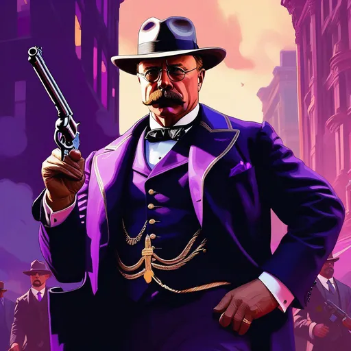 Prompt: Teddy Roosevelt in Saints Row, guns, cartoony, purple atmosphere, extremely detailed painting by Greg Rutkowski and by Henry Justice Ford and by Steve Henderson