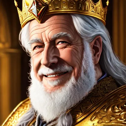 Prompt: medieval, fantasy, UHD, 8k, high quality, cinematic lighting, special effects, hyper realism, high detailed face, Very detailed, portraint of an smiling old King wearing a golden armor