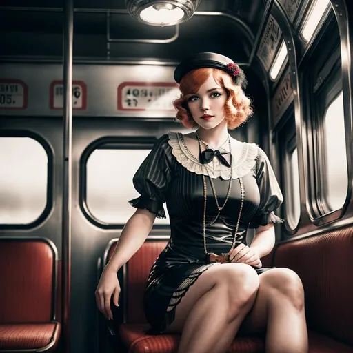 Prompt: old time photo of young ginger, dressed with 1920s hair, dressed like flapper, sitting on train, raw photo, photorealistic, High Detail, dramatic, UHD, HDR raw photo, realistic, sharp focus, 8K high definition, insanely detailed, intricate, high quality, 