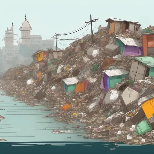 Prompt: houses in middle of piles of trash in india, animation style, black and white

