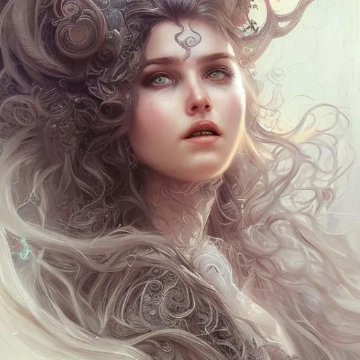 Prompt: "Bewitching princess with meticulously detailed intricate long curly flowing hair by Johan grenier by Anna Dittman quilling"trending on artstation ,artgem,