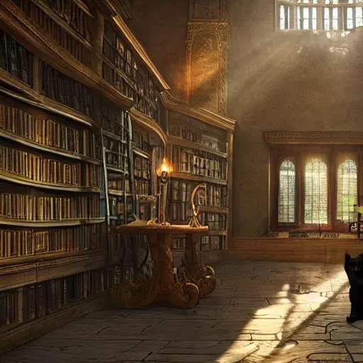 fantasy female cat librarian in stone library with s... | OpenArt