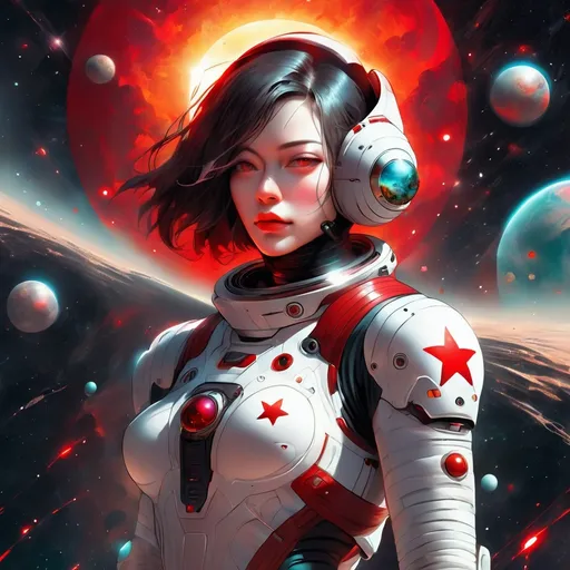 Prompt: a woman in a space suit standing in front of a planet with a sun in the background and a red star in the sky, Android Jones, space art, sci fi, cyberpunk art