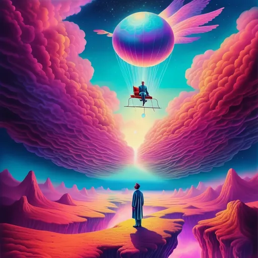 Prompt: Surrealistic illustration of a man flying on an astral plane, dreamy and surreal color palette, psychedelic vibes, detailed surreal landscape below, ethereal and transcendent experience, high quality, surrealism, astral plane, dreamy colors, psychedelic, detailed landscape, ethereal, transcendent, surrealistic, atmospheric lighting