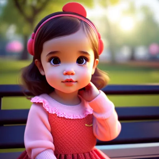 Prompt: tiny cute baby girl wearing red dress, brown hair, black headband, sitting on the park bench, park in the background, sitting character, soft smooth lighting, soft pastel colors, skottie young, 3d blender render, Pixar render, polycount, modular constructivism, pop surrealism, physically based rendering, square image