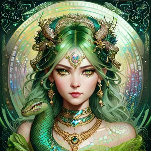 Prompt: A beautiful Snake woman, beautiful face, stunning snake green eyes, ombre gradient green hair, delicate dress made of gradient iridescent snake scales details by pino daeni, tom bagshaw, Cicely Barker, Daniel Merriam, intricate details by Andrew atroshenko, James Jean, Mark Ryden, charlie bowater, WLOP, Jim Burns, Megan duncanson, beautiful face, full body photo, very detailed, high definition, crisp quality, cinematic smooth, cinematic lighting, ultrarealistic, crispy focus 