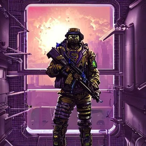 Prompt: a cyberpunk soldier with tactical camouflage purple gear and a rifle on mars, Industrial Scifi, detailed illustration, character portrait, by Martin Grip and Moebius