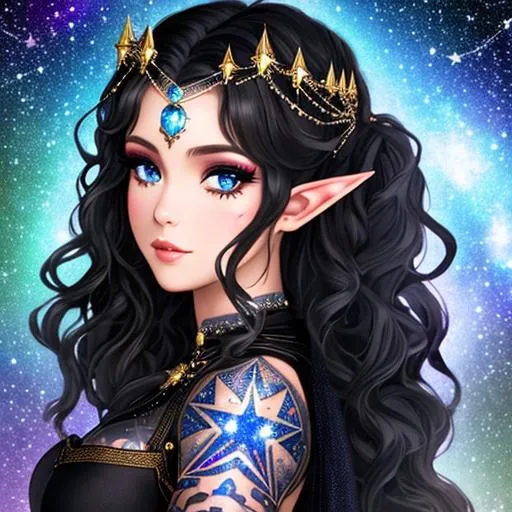 dnd, female, elf princess, black curly hair, starry...