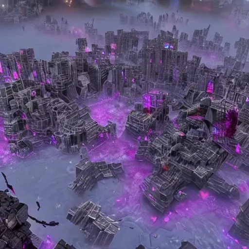 Prompt: Destroyed City with purple crystals infesting the city