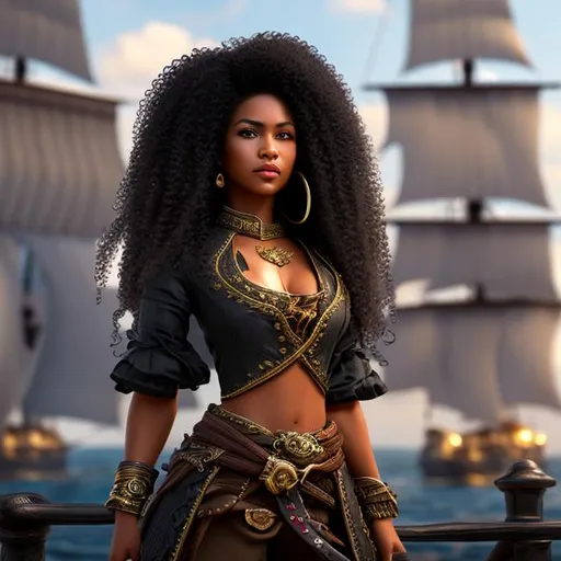Prompt: African-American Woman Pirate captain long curly hair kind tall beautiful, 8k realistic, detailed pirate dress standing up ship background intimidating petite good looking 