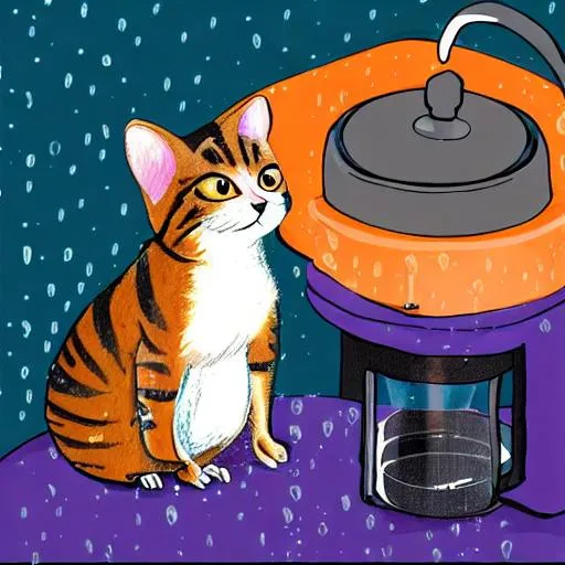 Prompt: A cat sitting at a table with a coffee cup and a french press filled with coffee, A large pile of tea bags is on the table, a mouse with an umbrella is standing in the rain.