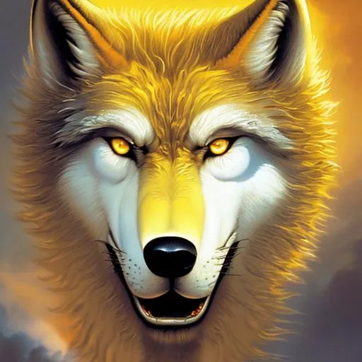 Prompt: wolf of the sun, white fur shining, aura of flames, bright yellow eyes, sharp white teeth, style of Boris Vallejo