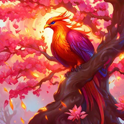 Prompt: world of warcraft style, phoenix bird in a tree, blossom background, radiant, flaming eyes,  art by greg rutkowski and artgerm