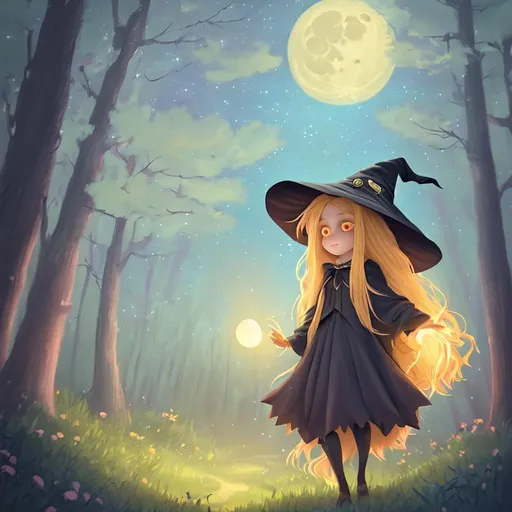 Prompt: witch with long blonde hair, walking in a forest, wearing witch hat, cute, aesthetic, pastel, fairycore, disney, pixar, moon, stars, witchcraft, in a starry pastel sky, clouds, sweet, dreamy, award winning illustration, artstation, highres
