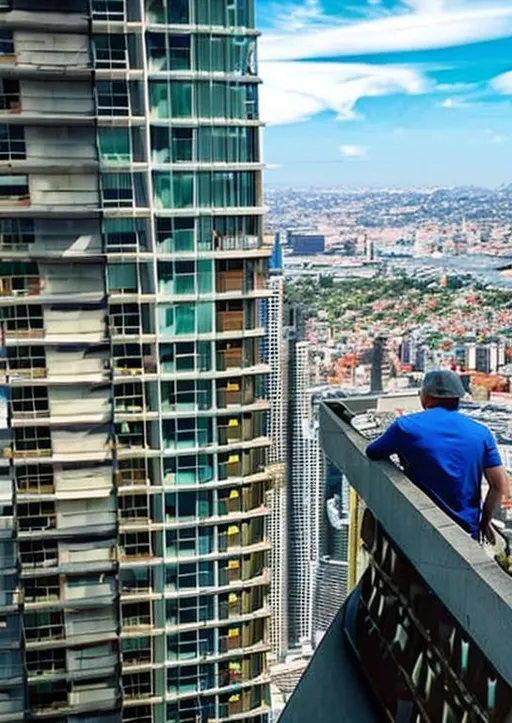 Prompt: a mob hitman pointing a sniper's rifle over the ledge of a tall building's roof :: man dressed in T-shirt and blue-jeans